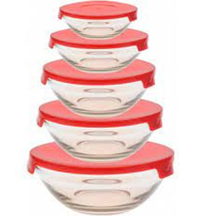 Schaal glas 5 stuks met deksel Schaal glas 5 stuks met deksel