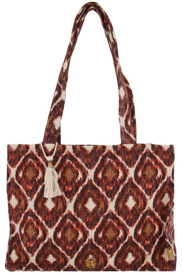 Zusss Katoenen Tas Met Ikat Print Zand/Roodbruin