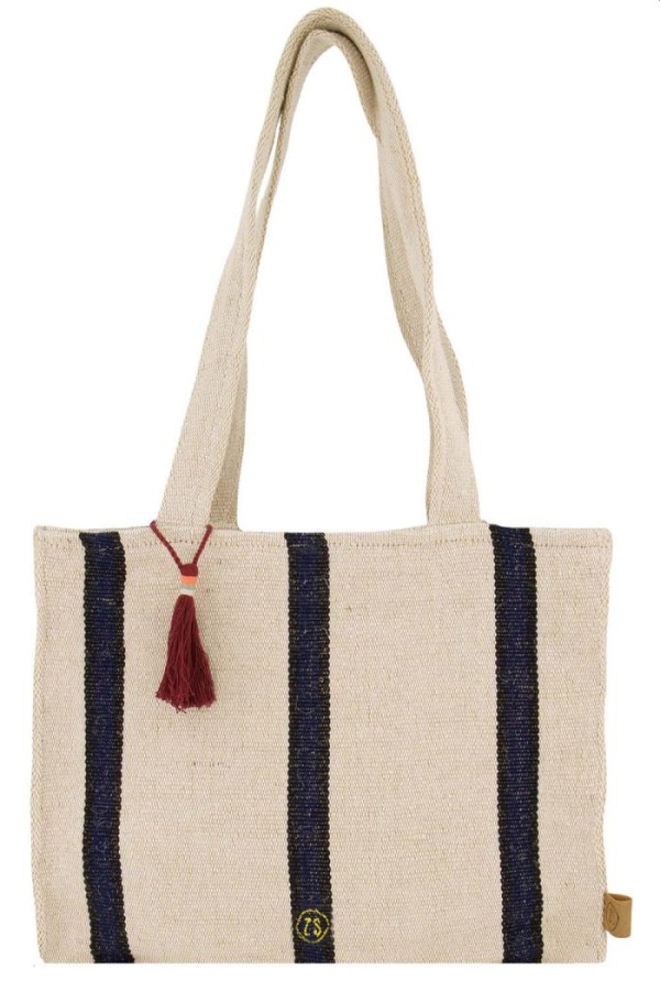 Zusss Katoenen Tas Met Streep Ecru/Donkerblauw