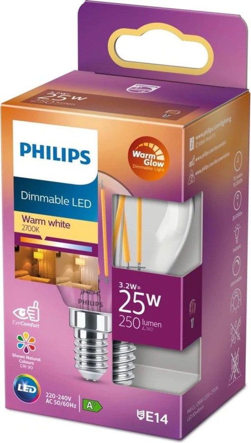 Philips led lamp E14 25W 250Lm kogel filament dimbaar
