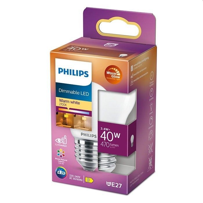 Philips ledlamp E27 40W 470Lm kogel mat dimbaar Philips ledlamp E27 40W 470Lm kogel mat dimbaar