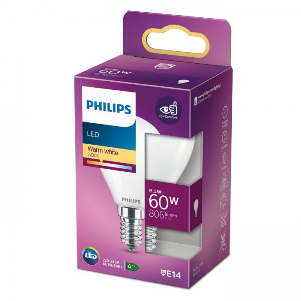 Philips LED lamp E14 6,5W 806Lm kogel mat