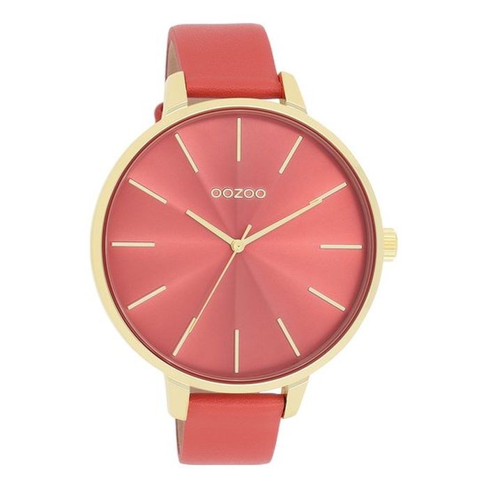 OOZOO Timepieces - Goudkleurige OOZOO horloge met rode leren band - C11255